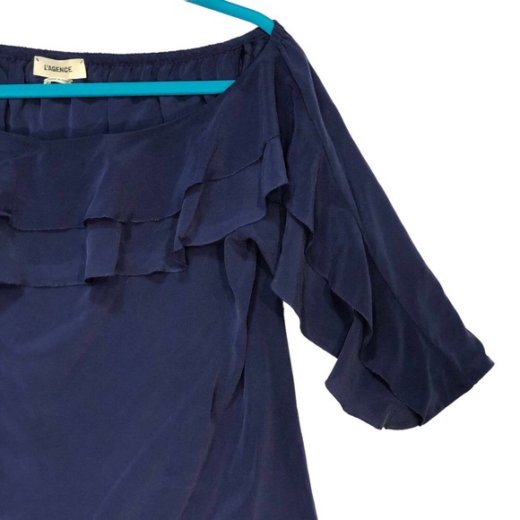 L'Agence Sz XS Monroe Off Shoulder Silk Blouse Blue Ruffle Pullover 4677CD1 Top - Picture 8 of 14